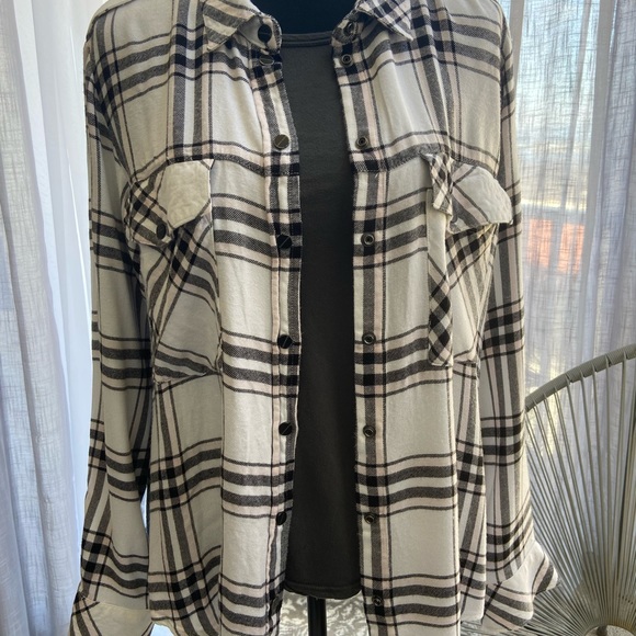 Sanctuary Boyfriend Shirt, Snap-front Pink and Black Plaid on White, Medium - Picture 2 of 7